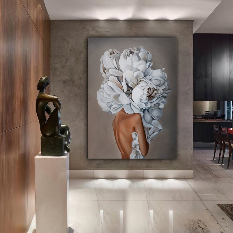 rose head woman canvas print, woman with flower head canvas painting, woman with feather head wall decor, woman with flower canvas art 4.jpg