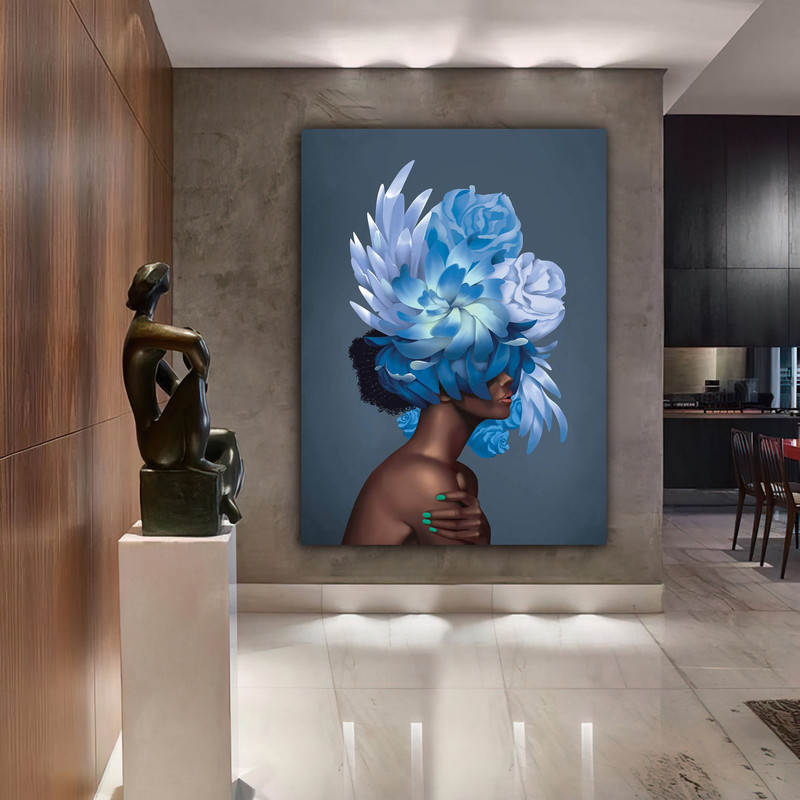 rose head woman canvas print, woman with flower head canvas painting, woman with feather head wall decor, woman with flower canvas art.jpg