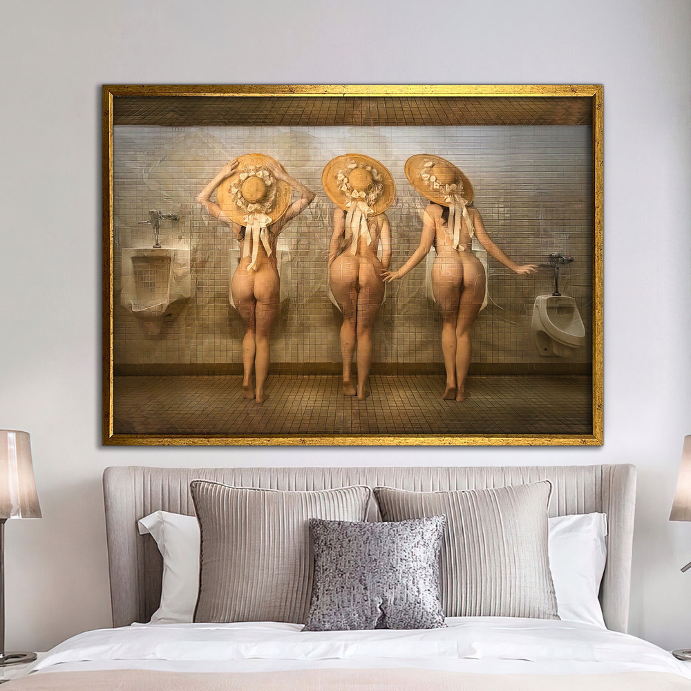 Sexy girls in the restroom painting, erotic women in men's restroom print, nude women decor, bedroom art, nude woman art, bedroom canvas art.jpg