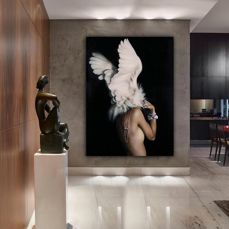 wing woman canvas print, woman with flower head canvas painting, woman with feather head wall decor, woman with flower canvas art 1.jpg