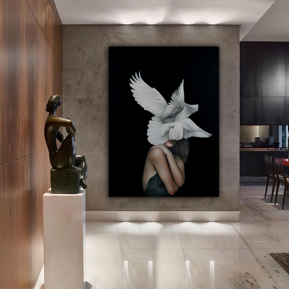 wing woman canvas print, woman with flower head canvas painting, woman with feather head wall decor, woman with flower canvas art.jpg