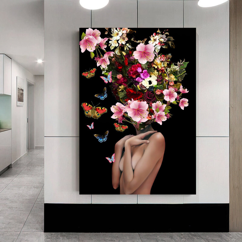 woman with flower head canvas painting, pink roses and woman canvas print, flower woman poster, flowers and woman art.jpg