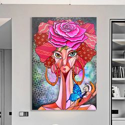 woman with flower head canvas painting, pink roses and woman print, flower woman poster, flowers and woman painting 1