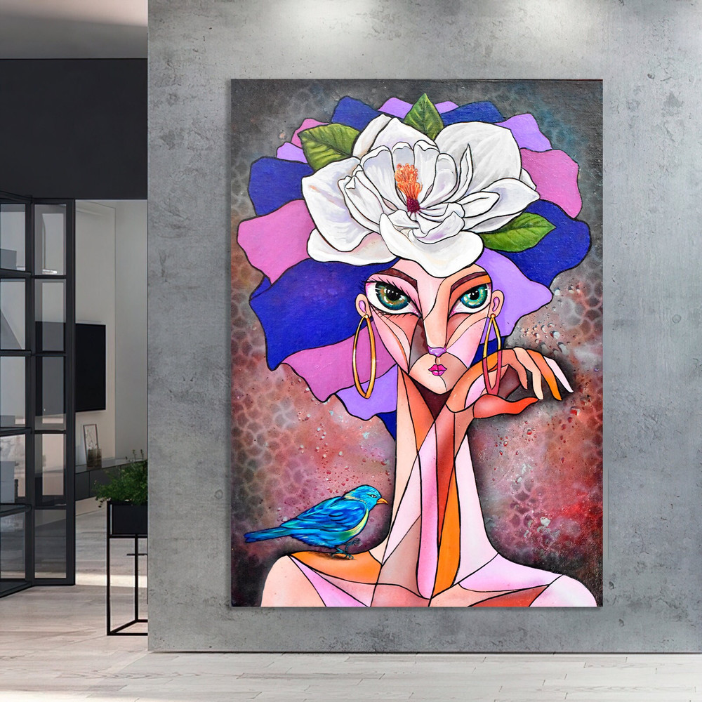 woman with flower head canvas painting, pink roses and woman print, flower woman poster, flowers and woman painting.jpg