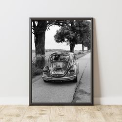 vintage volkswagen beetle poster, volkswagen beetle print, vintage volkswagen beetle wall art, black and white poster, v