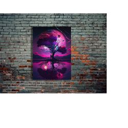 tree & people landspace neon metal poster, modern metal wall art, home decor, metal printing wall hangings, art and birt