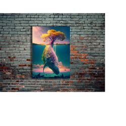 whale animals neon metal poster, modern metal wall art, home decor, metal printing wall hangings, art and birthday gift