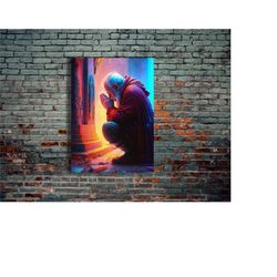 praying people, worship neon metal poster, modern metal wall art, home decor, metal printing wall hangings, art and birt