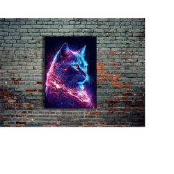cat animals neon metal poster, modern metal wall art, home decor, metal printing wall hangings, art and birthday gift /