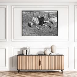 Laundry Room Dirty Kid on a Clothesline Black & White Vintage Funny Retro Photography Wall Art Canvas Frame Poster Print