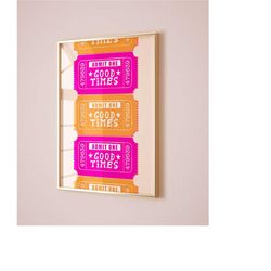 good times ticket pink orange wall art preppy dorm room decor bar cart art, funky retro wall art print trendy poster aes