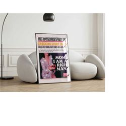 mom i am a rich man newspaper headline poster, college apartment decor funky wall art, y2k preppy room decor groovy post