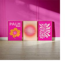 retro wall art pink 3 set trendy bedroom decor, pink poster print preppy room decor for teen girls, girly wall art prepp