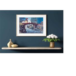 my neighbor totoro, studio ghibli and shinkyo bridge in nikko, japanese woodblock print mashup print