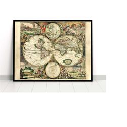 old map of the world, vintage antique world map wall art, home decor, wall art poster print, housewarming gift