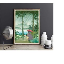 my neighbor totoro, studio ghibli and morning rain at hakone, japanese woodblock print mashup canvas