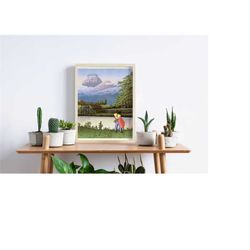 laputa - castle in the sky, studio ghibli and kawasake hasui, japanese old painting mashup print
