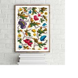 colourful flower autumn leaf design floral pattern vintage poster, retro wall art print