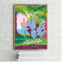 discover puerto rico usa vintage poster, retro travel art print design