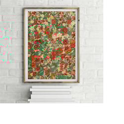 traditional chinese colourful summer floral pattern vintage poster, retro wall art print