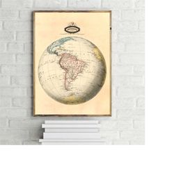 amrique unique vintage globe map, antique travel art print, retro