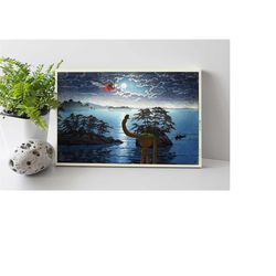 laputa - castle in the sky, studio ghibli and kawasake hasui, japanese woodblock print mashup