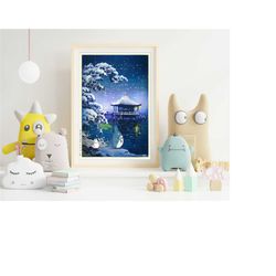 my neighbor totoro, studio ghibli and japanese woodblock print mashup - poster or canvas