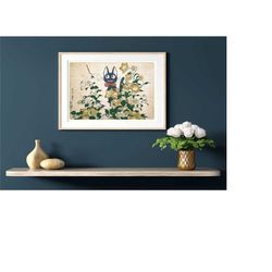 jiji from kiki's delivery service, studio ghibli and hokusai, japanese old painting mashup print