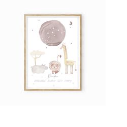 gift birth personalized, gift for baby, zodiac picture child, baptism gift,animals children's room,lion watercolor