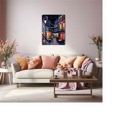 aesthetic italy night street painting metal canvas, soft pastel poster, nursery decoration, kid's room wall hanging, dar