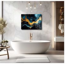 dark turquoise marble metal canvas, golden aesthetic, abstract printed metal, golden waves, luxury home decor, silk effe