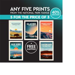 national park print set | set of 5 prints | national park art | glacier print | blue ridge print | grand canyon money sa