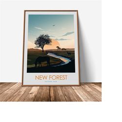 the new forest print featuring horses and deer, new forest national park, hampshire poster, national park travel print b