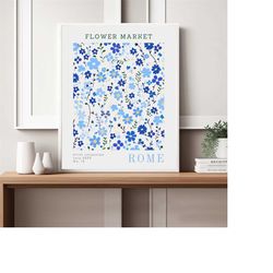digital blue flower market print, decorative printable wall art flower market poster, flower blue print decorative print