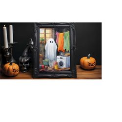 ghost doing laundry print, gothic wall art, dark academia, halloween poster, dark moody wall art, cute ghost poster, bir