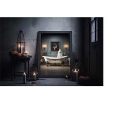 ghost takes a bath in forest print, gothic wall art, dark academia, halloween poster, dark moody art, cute ghost poster,