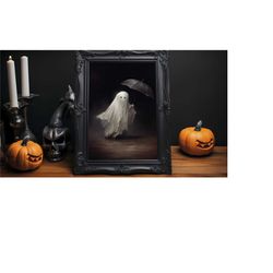 spooky ghost with umbrella print, victorian gothic, dark academia halloween poster, spooky cute ghost, dark moody art, h