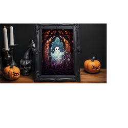 stained glass ghost print, victorian gothic, dark academia halloween poster, spooky cute ghost, dark moody wall art, hal