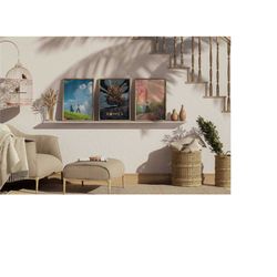 set of 3 howl's moving castle poster / sophie hatter and howl art print anime landscape art print / wall art decoration