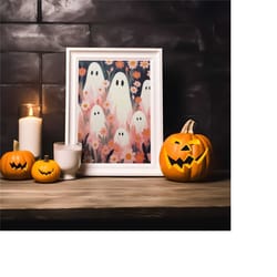 retro pink daisy and ghosts print, dark academia, floral ghost, halloween poster, dark and moody wall art, halloween pri