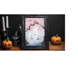 cute pink sakura ghost in a swing print, victorian gothic, dark academia print, halloween poster, spooky cute ghost, hal