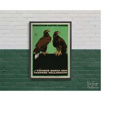 zoologischer garten munchen, retro poster, birds and eagle, green and black, wall art, reproduction, retro style 2144