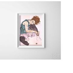 seated woman with bent knee egon schiele print retro poster, modern print, impressionism art, art reproduction 725