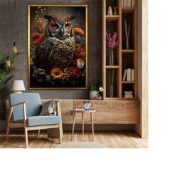 colorful owl wall art,floral owl canvas, floral art, abstract bird art, jungle print art, bird poster, nature artwork, f