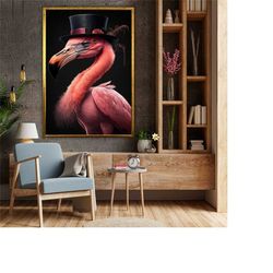Pink Flamingo Poster, Bird Canvas Print,Flamingo In A Hat Wall Art,Animal Art,Pink Flamingo Painting,Modern Wall Decor,R