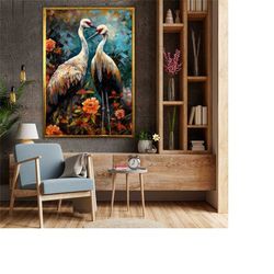 colorful crane in flowers wall art, floral crane canvas print, home decor, vibrant floral design, nature inspired decor,