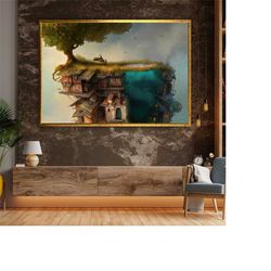 surreal wall art, nature canvas, piano on the roof art canvas, piano art, surreal poster, tree on house art, surreal wal