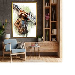 Rocket Raccoon Canvas Art, Guardians of the Galaxy Decor, Home Wall Decor, Framed Gift, Superhero Art,  Marvel Fan Gift