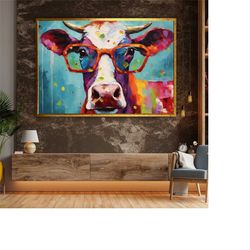 colorful cow painting, cow canvas art, cow with glasses, fashionable cow poster, cow wall art, animal lover gift, vibran
