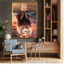 lion wall art, animal print, nature art, home decor, framed canvas, ready to hang wall decor, digital print, modern deco